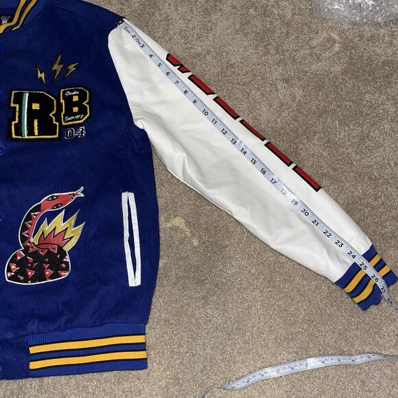 Rebel Minds (M) Velocity Varsity Jacket Blue Leather Embroidered Cobra See Desc - Picture 12 of 16